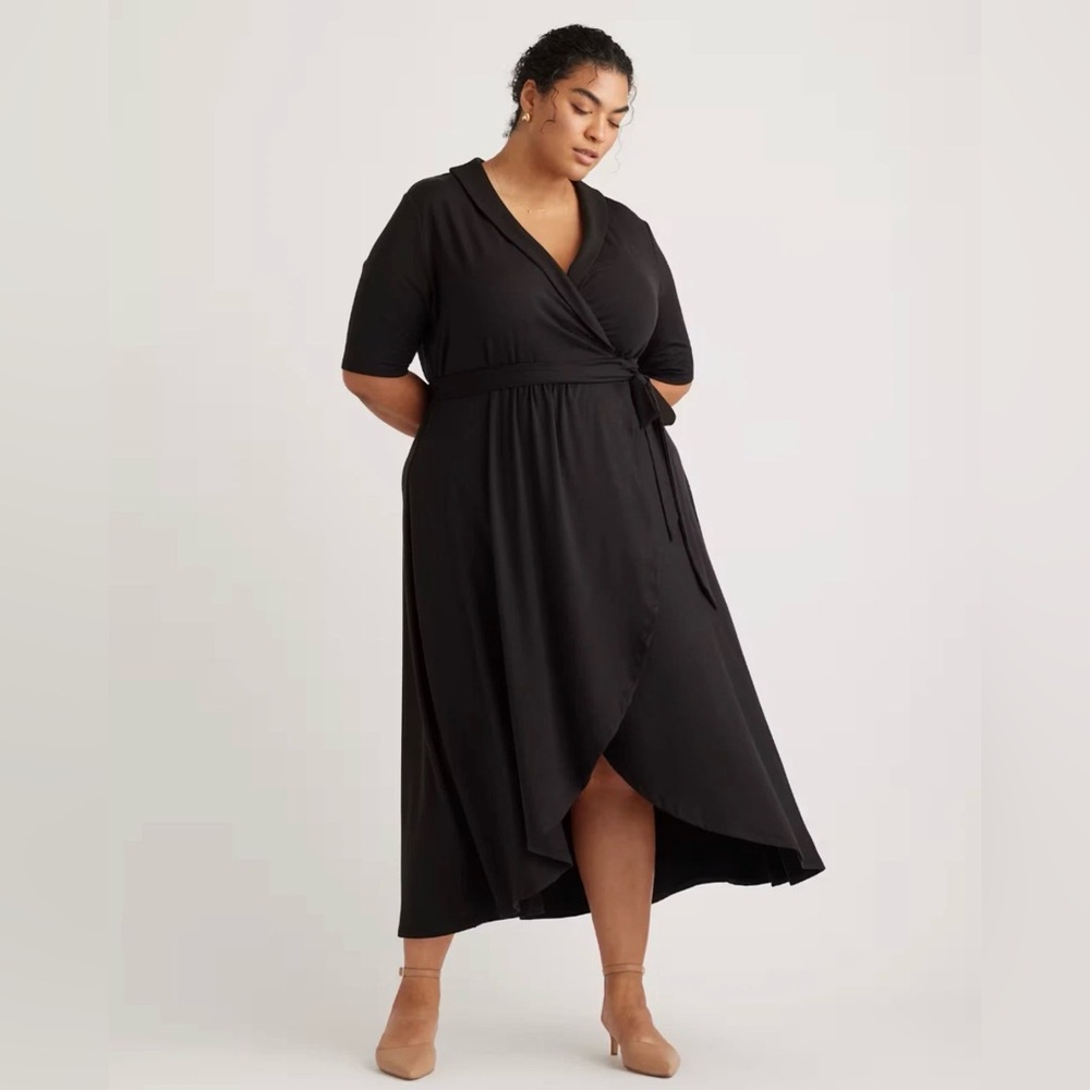 NWT Quince Tencel Jersey Midi Wrap Dress Womens Sz 3X Black Stretch Comfort